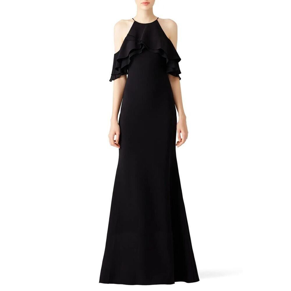 Badgley Mischka Black Crossover Ruffle Gown